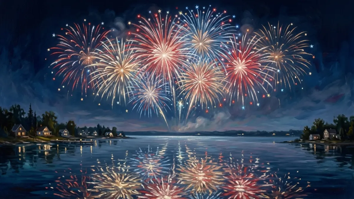 Lakeside Fireworks Frame TV sign — a painted fireworks show reflecting over a lake ringed with cottages